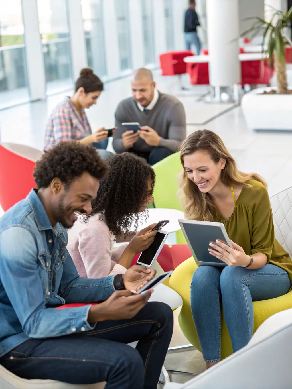 A diverse group of people smiling and easily navigating a website on various devices, showcasing the improved user experience resulting from accessibility enhancements.