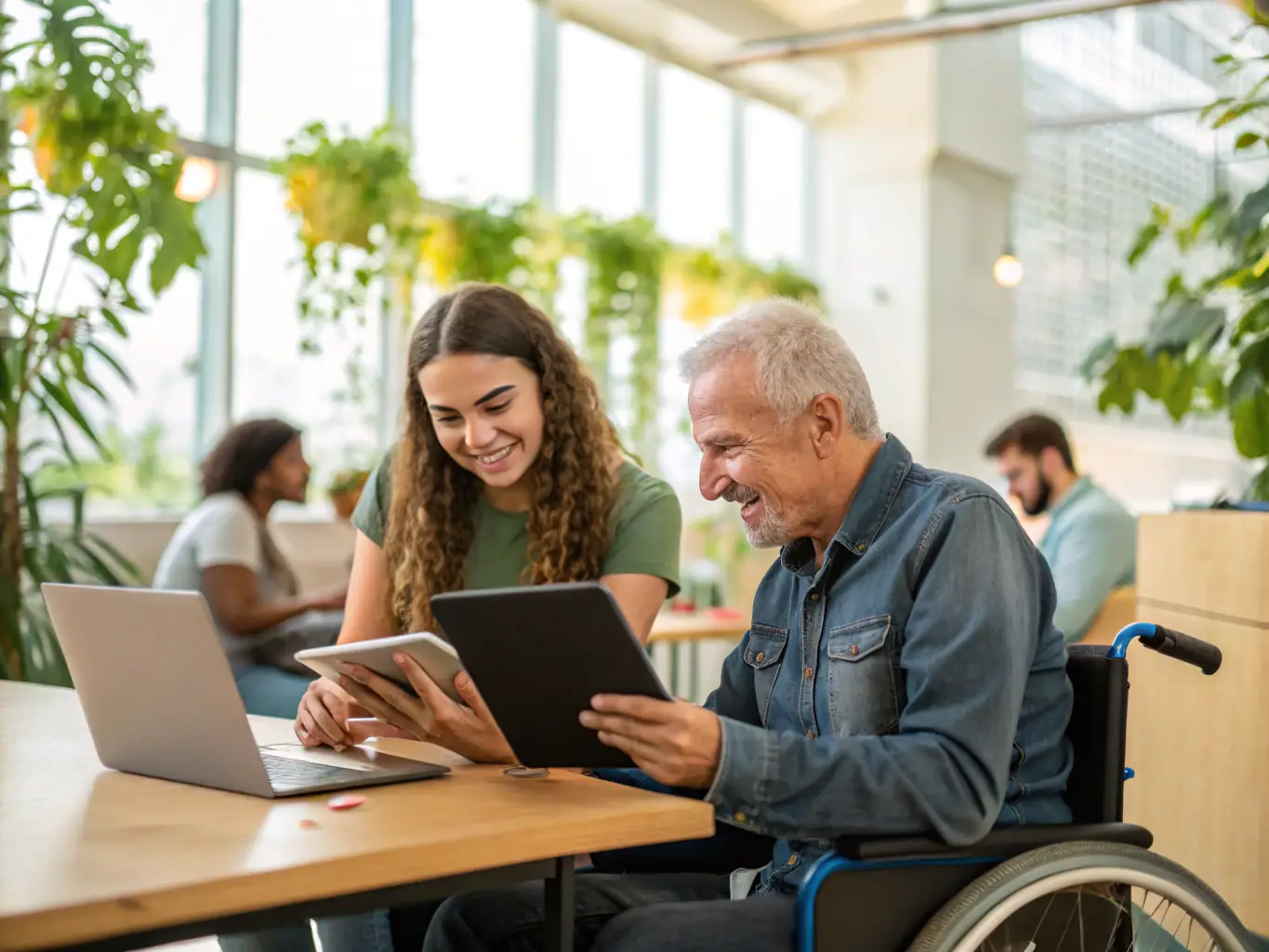 A diverse group of users interacting with a website on various devices, showcasing the importance of inclusive design and accessibility for all users.